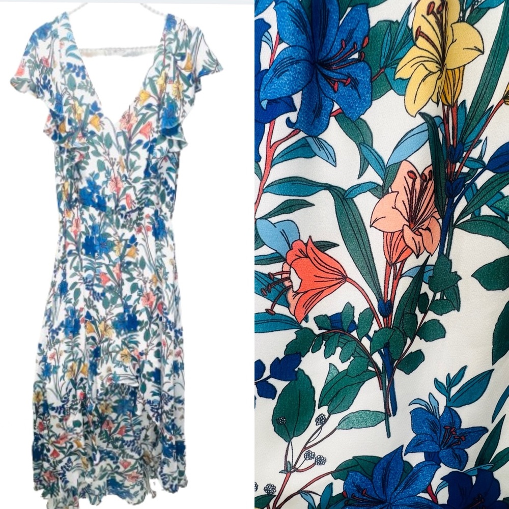 PARKER Blue Floral Lilly High Low Ruffle Dress Short Sleeve Flowy Dress Sz Small